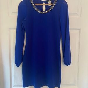 Cantata Dress cobolt blue with rhinestone trim at neck women’s small